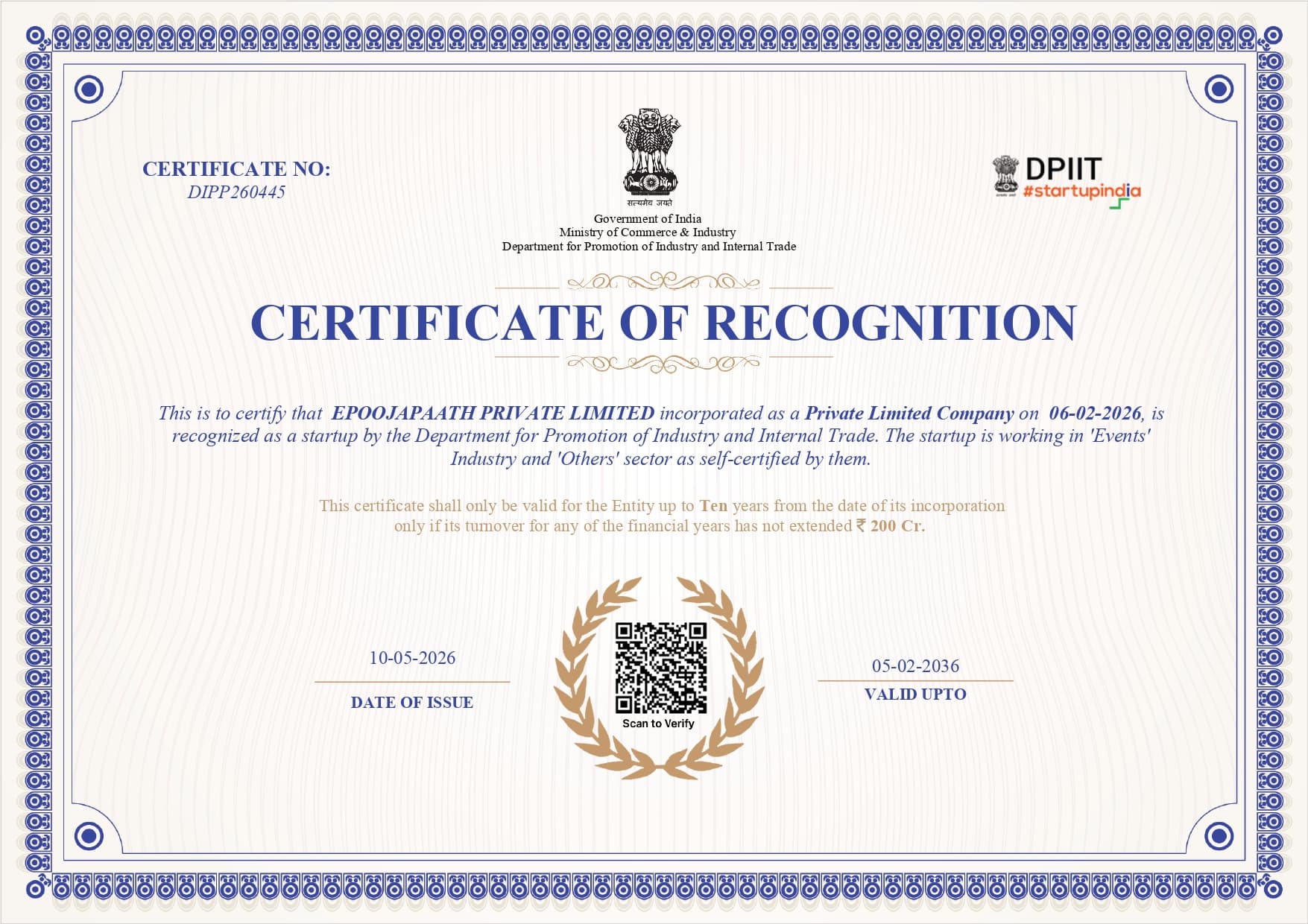 DPIIT Startup India Certificate of Recognition