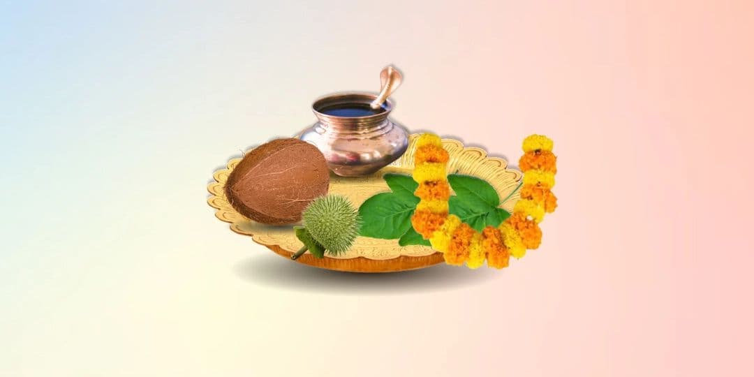 Marigold Flower Garland, Jal and Bilva Leaves